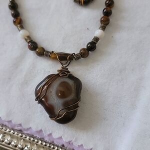 Handcrafted Agate and Tiger eye Necklace with matching earrings and ring.